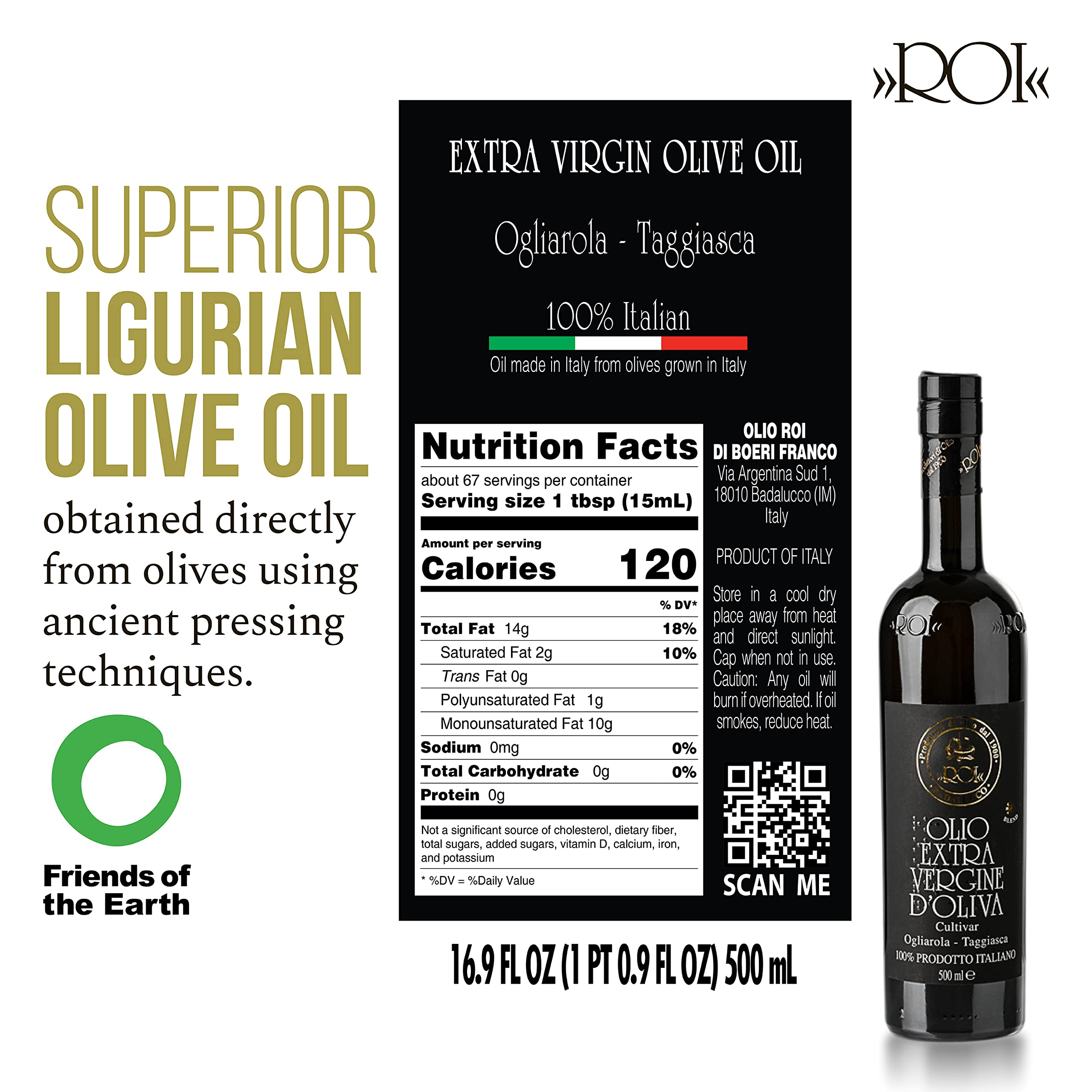 ROI Ligurian Italian Extra Virgin Olive Oil - First Cold Pressed EVOO Cultivar Ogliarola-Taggiasca, Polyphenol Rich Ligurian Olive Oil From Italy - 17 fl oz (500 ml) - 16.91 Fl Oz (Pack of 1)
