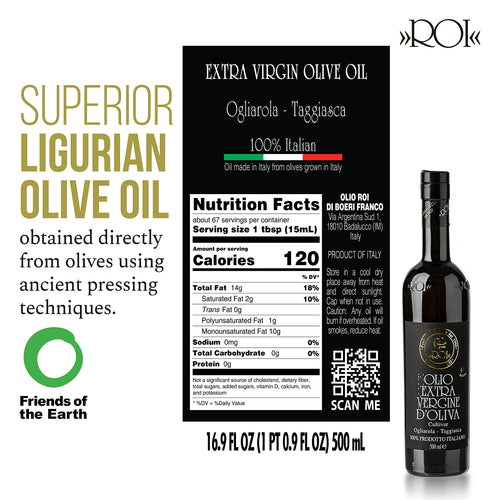 ROI Ligurian Italian Extra Virgin Olive Oil - First Cold Pressed EVOO Cultivar Ogliarola-Taggiasca, Polyphenol Rich Ligurian Olive Oil From Italy - 17 fl oz (500 ml) - 16.91 Fl Oz (Pack of 1)