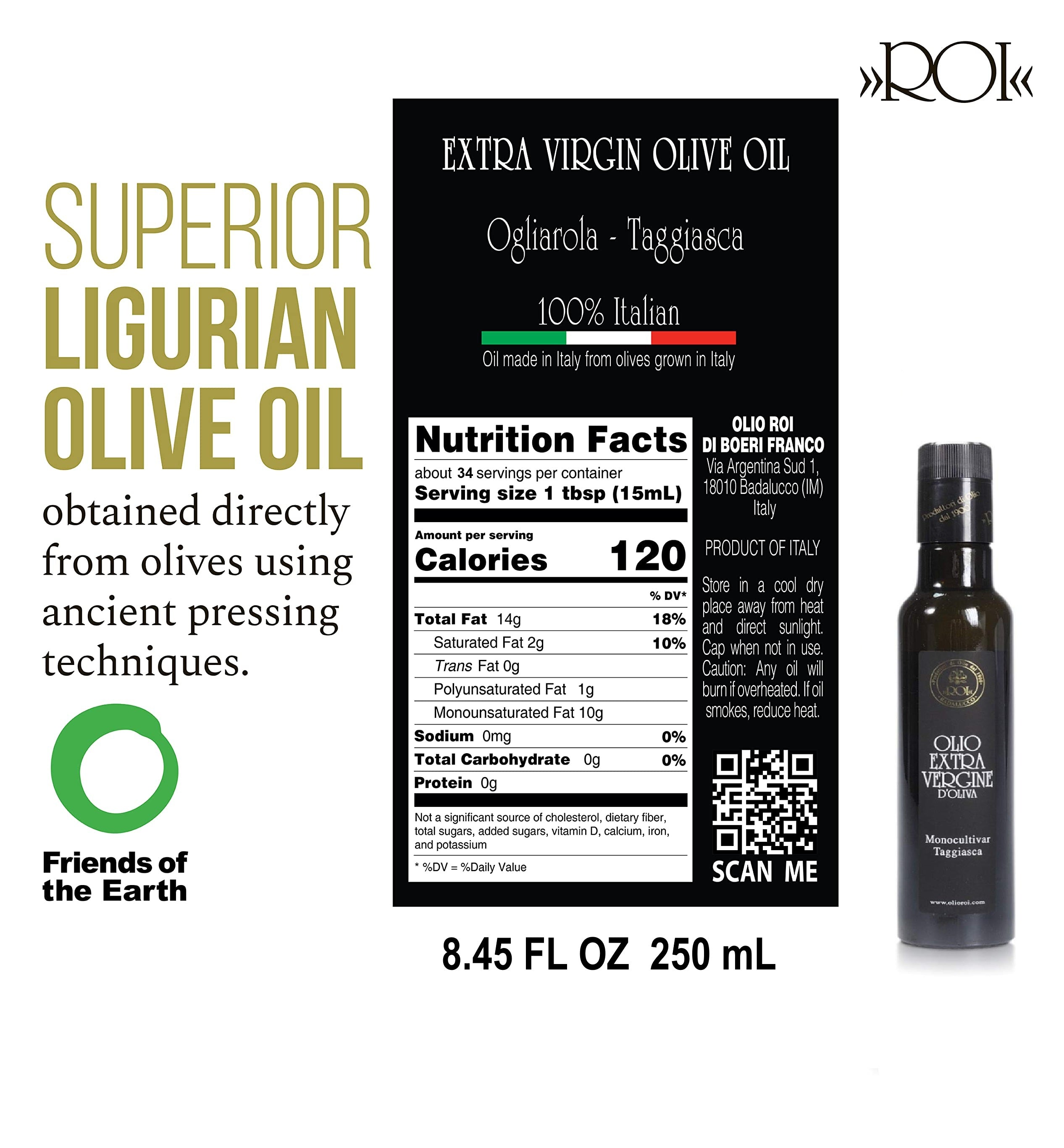 ROI Ligurian Italian Extra Virgin Olive Oil - First Cold Pressed EVOO Cultivar Ogliarola-Taggiasca, Polyphenol Rich Ligurian Olive Oil From Italy - 8.45 fl oz (250ml) (Pack of 1)
